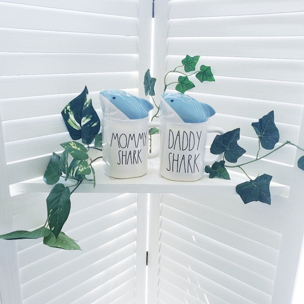 RAE DUNN MOMMY & DADDY SHARK MUGS